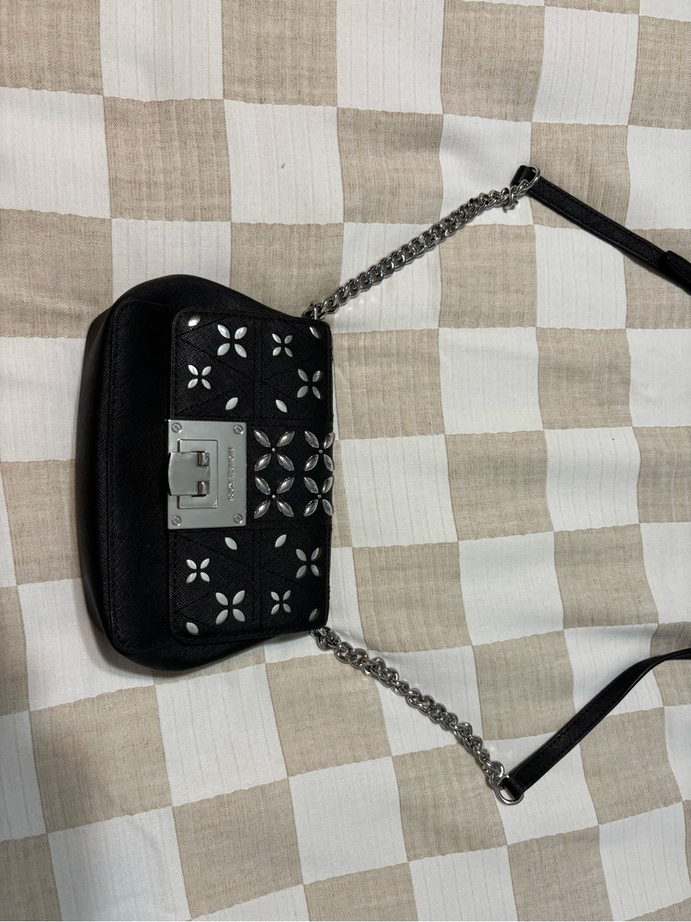 Michael Kors Black Leather Crossbody with Silver Floral Studs
